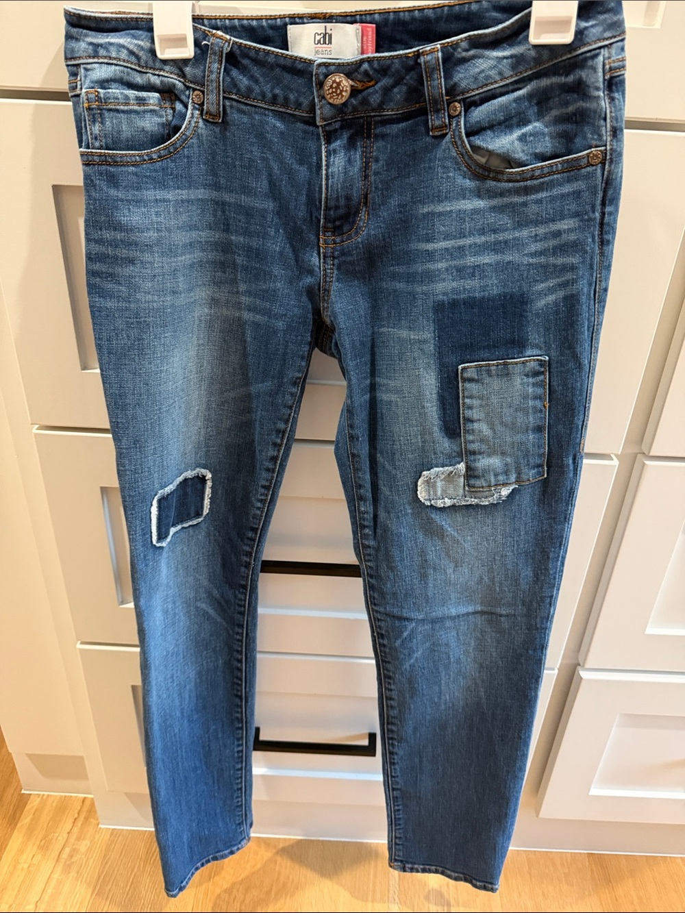 CAbi Women's Blue Skinny Jeans with Patch Details